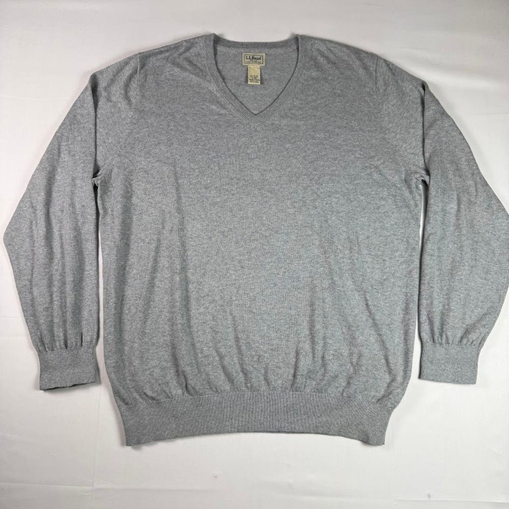 LL Bean Mens V-Neck Sweater XL Gray Cotton Cashmere Blend 274603 Regular Fit